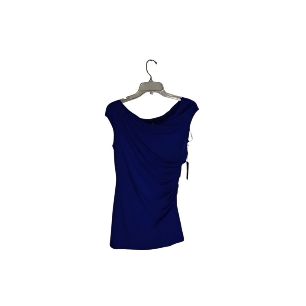 Vince Camuto M Royal Blue Sleeveless Ruched Draped Neck Stretchy Tunic Top